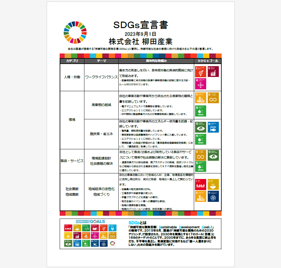 柳田産業はSDGsの達成に貢献します。